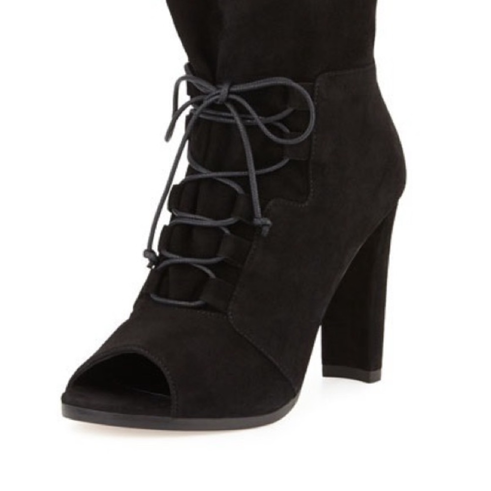 Stuart Weitzman Black Suede Lace-Up Peep Toe Booties Size 5.5M